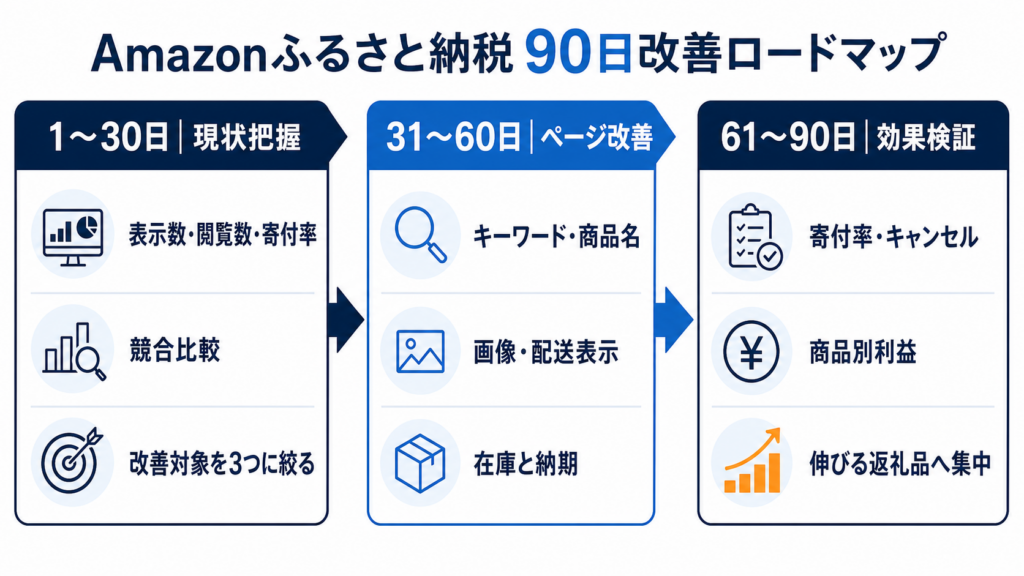 Amazonふるさと納税の90日改善ロードマップを3段階で示した図解