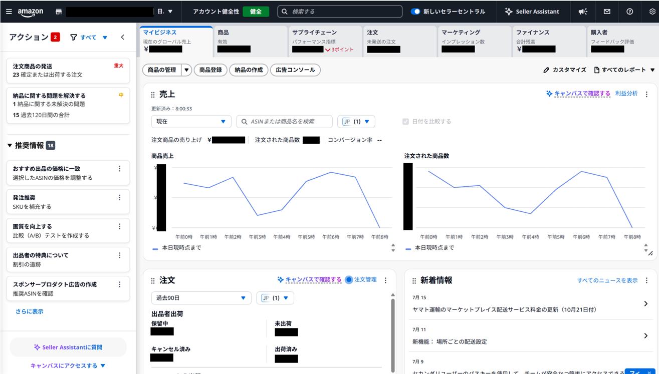 新しいセラーセントラルのホーム画面。最上部ツールバー右側に「新しいセラーセントラル」トグルが並び、右端の歯車アイコンの左隣に問い合わせの起点となる「?」(ヘルプ)アイコンがある