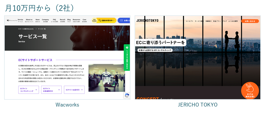 月10万円から依頼できる2社の公式サイト画面。Wacworksとジェリコトーキョー