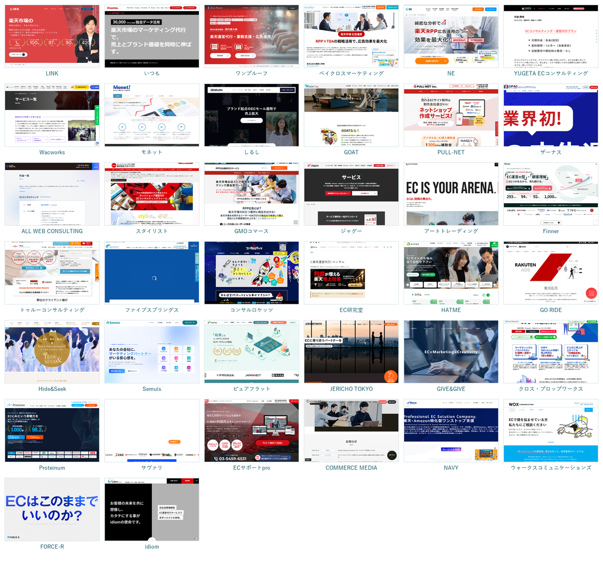 調査した楽天の広告運用代行38社の公式サイトトップページを一覧にした画像